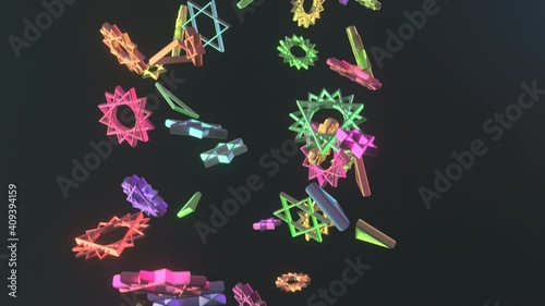 Futuristic shape, animation of an abstract objects. Zooming or flying through. Glow and dynamic technology concept background.
