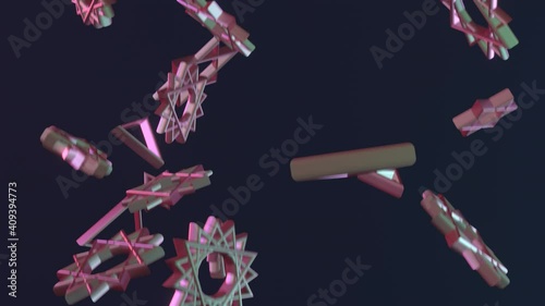 Futuristic shape, animation of an abstract objects. Zooming or flying through. Glow and dynamic technology concept background.