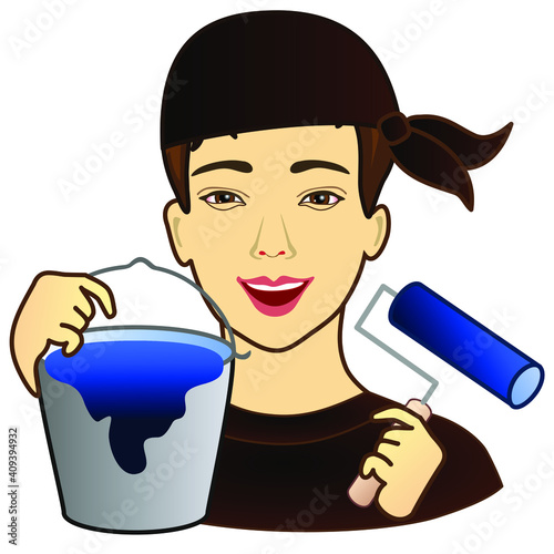 man wall painter that is painting the wallpaper and holding his roller brush and a bucket filled with paint, happy guy at work with paintbrush and bucketful