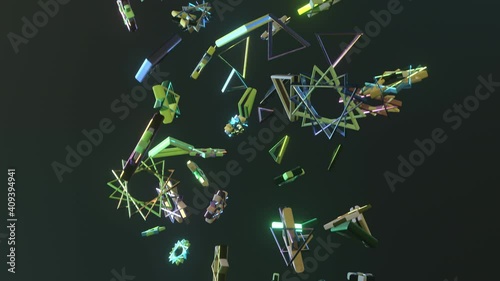 Futuristic shape, animation of an abstract objects. Zooming or flying through. Glow and dynamic technology concept background.