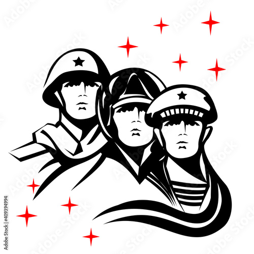 A sailor, a pilot, and a soldier stand together in defense of the fatherland. Illustration for the Defender of the Fatherland holiday on February 23.