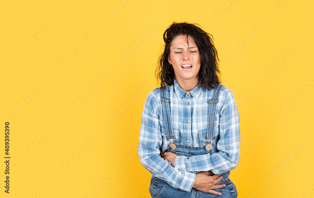Contractions And Spasm Girl Feeling Pain In Stomach Young Woman