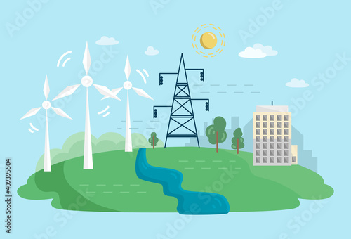 Renewable Power Sources with Windmills. Alternative Clean Energy Concept with Wind Turbines. Flat illustration