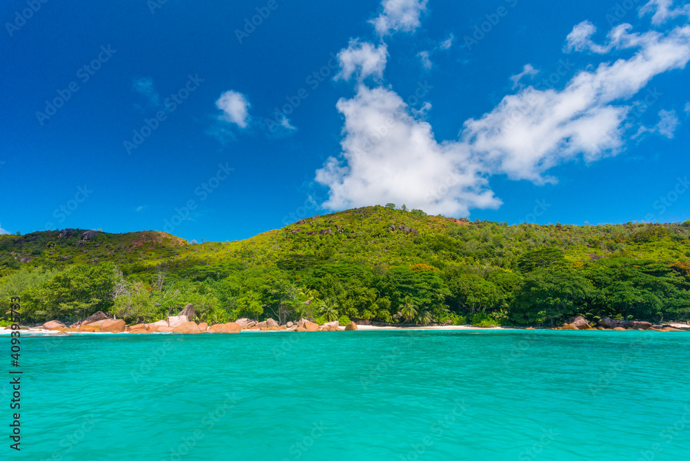 A photo is taken on the way from Praslin island to Curieuse island from a ferry boat, Seychelles