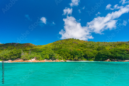 A photo is taken on the way from Praslin island to Curieuse island from a ferry boat, Seychelles