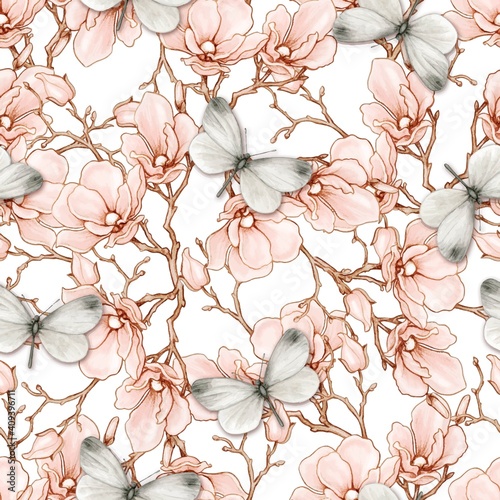 Romantic vintage magnolia and butterflies seamless pattern