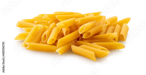 raw pasta penne rigate on white isolated background