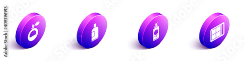 Set Isometric Perfume, Bottle of shampoo, Spray can for hairspray and Eye shadow palette icon. Vector.