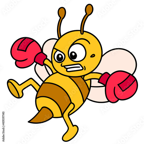 emoticon bee wearing boxing gloves practicing kicking while flying, doodle icon image kawaii