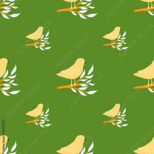 Vintage fauna seamless pattern with hand drawn yellow birds on branches ornament. Green background.