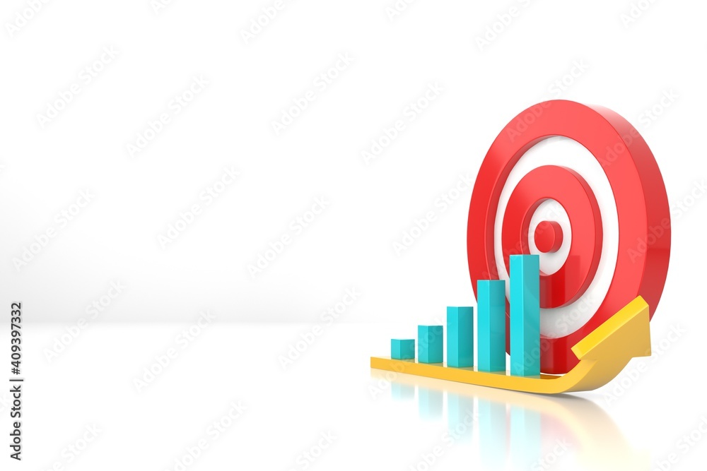 Business graph with red target and light green bar charts on white background. Business target concept. Financial growth concept. 3D rendering. Business graph with red target and light green bar charts on white background. Business target concept. Financial growth concept. 3D rendering.