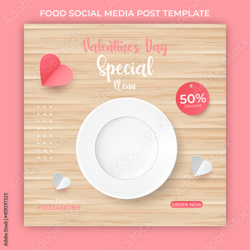 restaurant menu template. Valentines Day banner template. Vector illustration with pink paper hearts. food social media post or greeting card.
