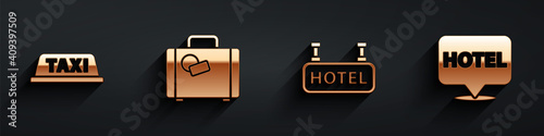 Set Taxi car roof, Suitcase, Signboard with text Hotel and Location hotel icon with long shadow. Vector.