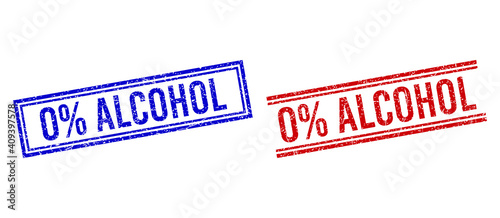 0% ALCOHOL rubber imprints with grunge texture. Vectors designed with double lines, in blue and red variants. Phrase placed inside double rectangle frame and parallel lines.