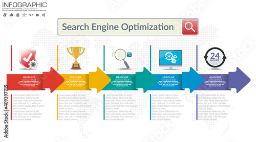 SEO infographic concept with five parts, can be used for workflow layout, diagram, report, web design.