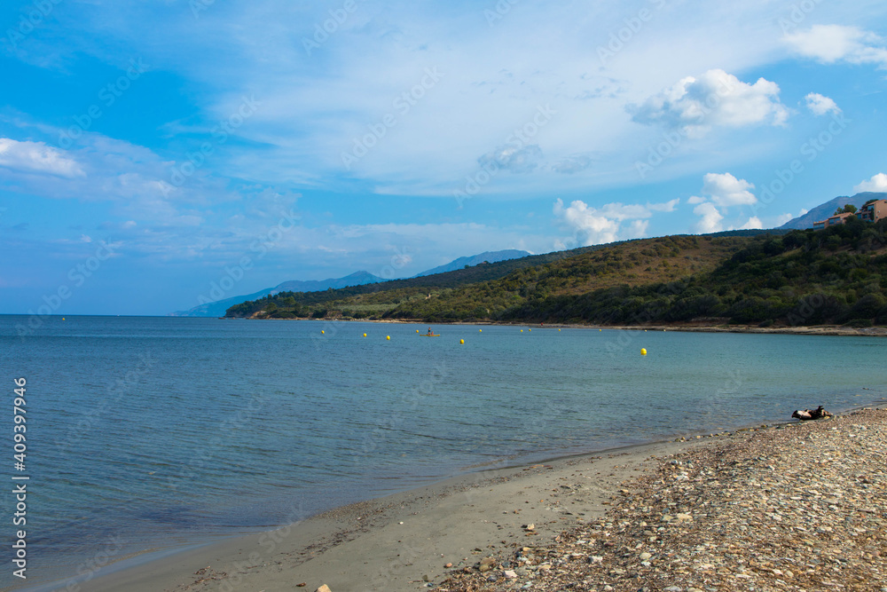 Beautiful natural beach called Plage D'Olzo near St. Florent. Corsica, France. Tourism and vacations concept