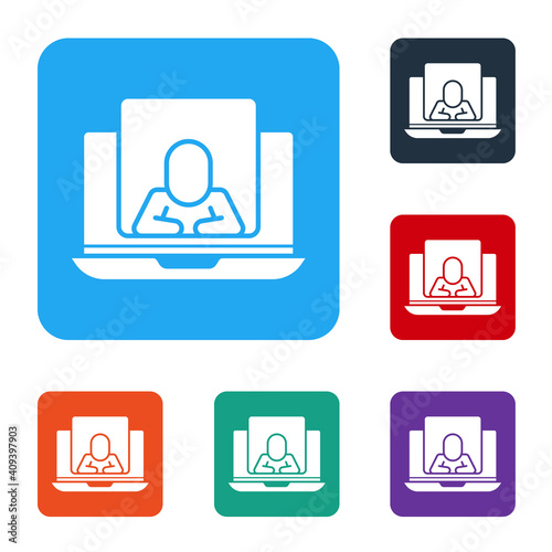 White Online psychological counseling distance icon isolated on white background. Psychotherapy, psychological help, psychiatrist online consulting. Set icons in color square buttons. Vector.