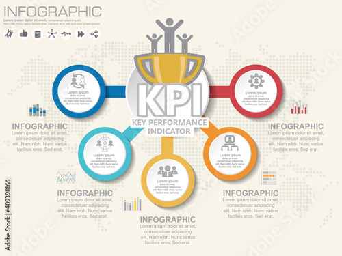 Infographic KPI concept with marketing icons. Key Performance Indicator can be used for workflow layout, diagram, report, web design. Business steps or processes concept with options.