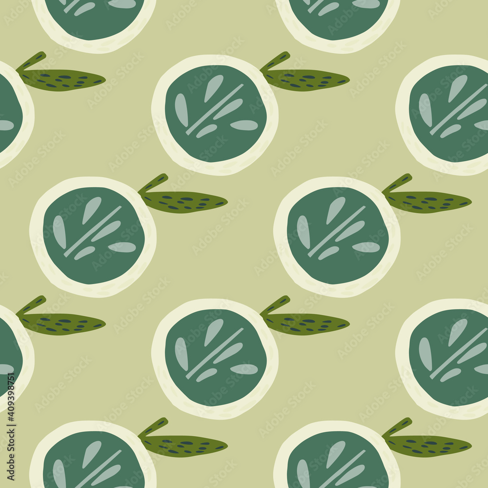 Pastel tones cartoon seamless pattern with blue apple shapes ornament. Beige background. Pastel tones cartoon seamless pattern with blue apple shapes ornament. Beige background.