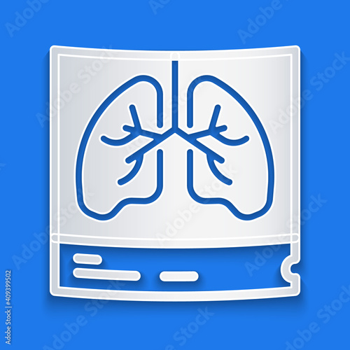 Paper cut Lungs x-ray diagnostics icon isolated on blue background. Snapshot of the lungs. Paper art style. Vector.