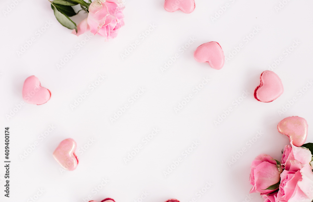 Obraz premium pink roses and heart shaped macaroons