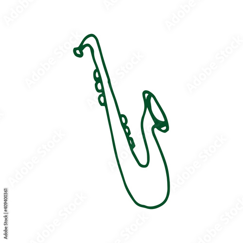 simple saxophone vector illustration isolated on white background. wind instrument icon. green outline, hand drawn vector. doodle for kids, wallpaper, cover, banner, logo, sticker, clipart. 