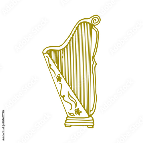 classic harp vector illustration isolated on white background. beautiful harp, stringed instruments icon. hand drawn vector. doodle for kids, logo, sticker, clipart, poster, banner, cover, advert.