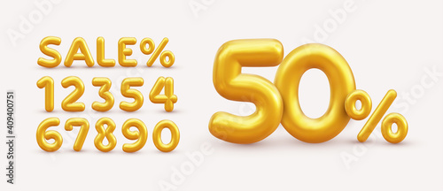 Photo Sale off discount promotion set made of realistic numbers 3d gold helium balloons