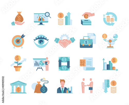 Financial management minimal style icons, trade service and investment strategy. Bundle of colored pictograms and infographics. Set of colorful vector illustrations isolated on white background