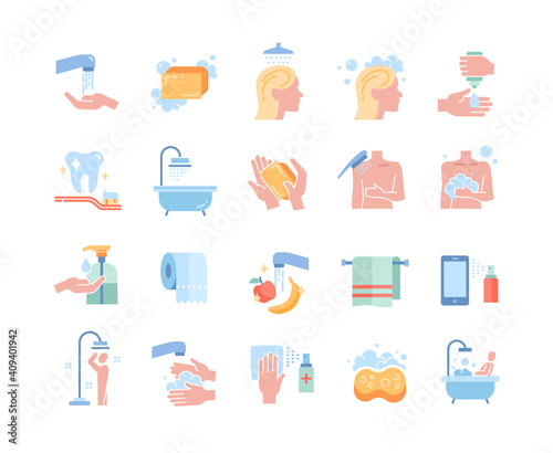 Body wash colored icons. Including icons as hand washing, hair washing, cleaning, brushing teeth, soap, taking bath, taking shower and more. Set of vector illustrations isolated on white background