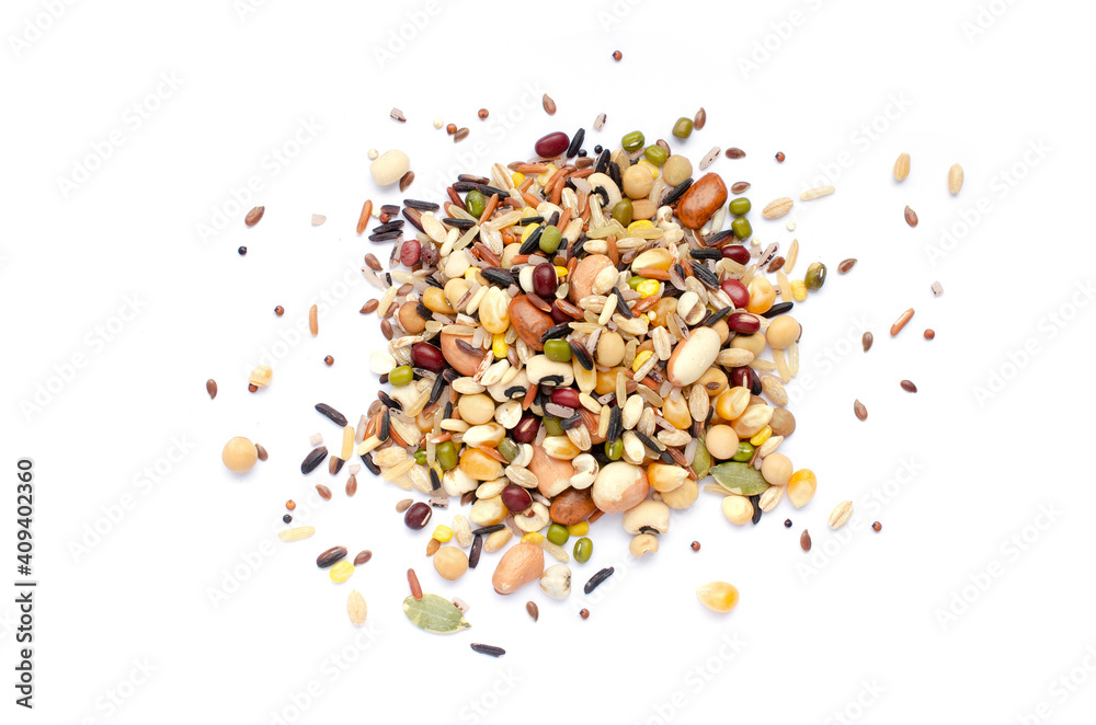 Mixed dry organic cereal and grain seed pile on white background consisted of wheat, black eye pea, peeanut, soybean, sesame, quinoa, buckwheat, rice, red and green bean, flax seed and corn Mixed dry organic cereal and grain seed pile on white background consisted of wheat, black eye pea, peeanut, soybean, sesame, quinoa, buckwheat, rice, red and green bean, flax seed and corn