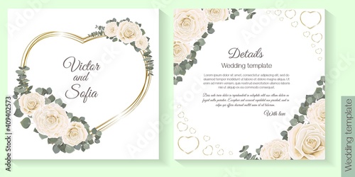 Invitation card template. White roses, eucalyptus, gold frame in the shape of a heart, postcard for Valentine's Day. Vector template.