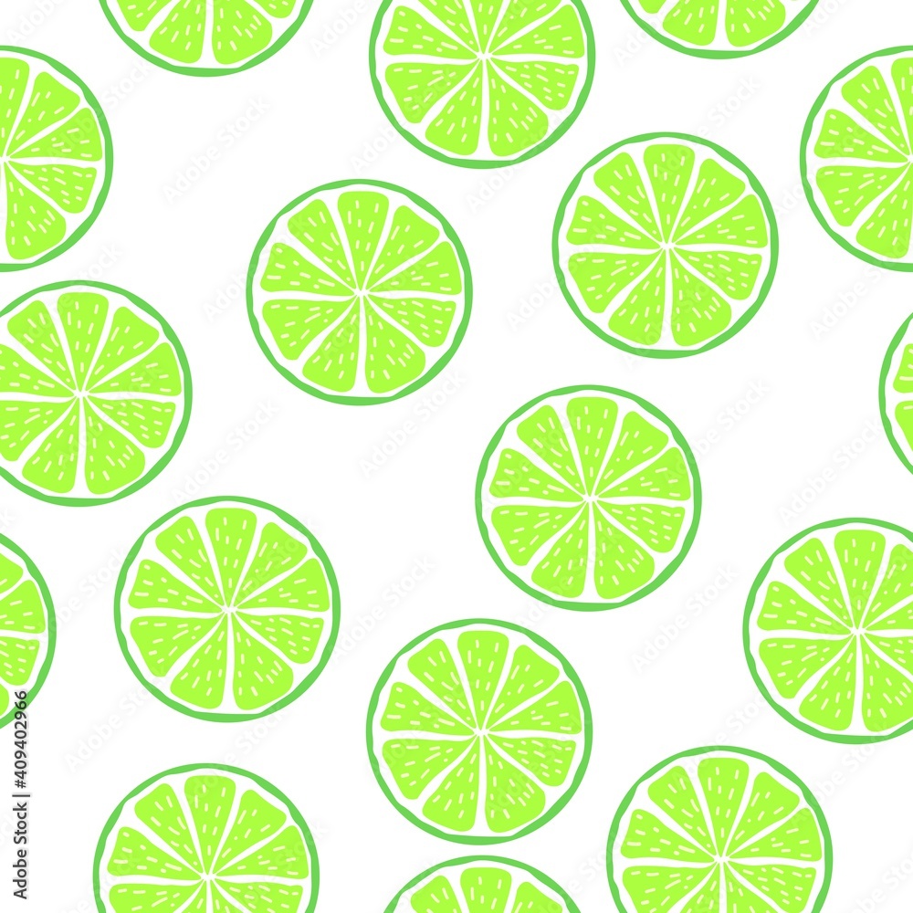 lime slices background, patern of stylized green limes in a cut, the image of citrus fruits, freshness, light green, sour, summer color, vector in a chaotic manner