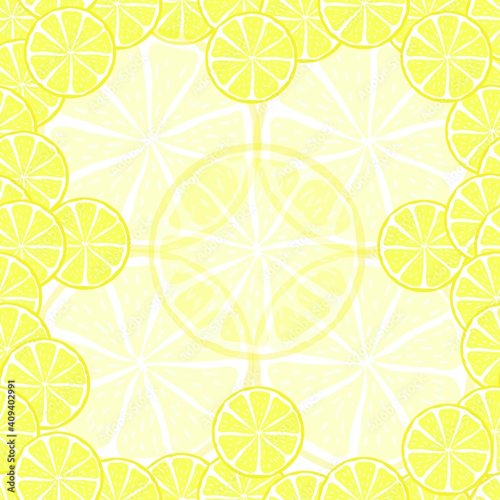 pattern with lemons, patern of stylized yellow lemons in a cut, the image of citrus, freshness, sour, summer color, vector in a chaotic manner