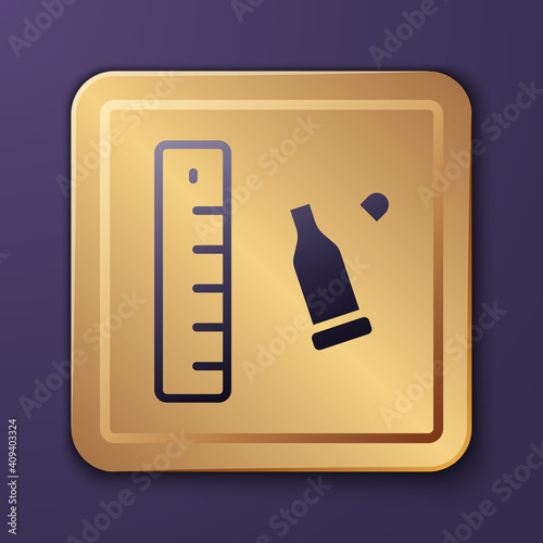 Purple Bullet casing as a piece of evidence placed with forensic ruler for documentation icon isolated on purple background. Concept of crime scene. Gold square button. Vector.
