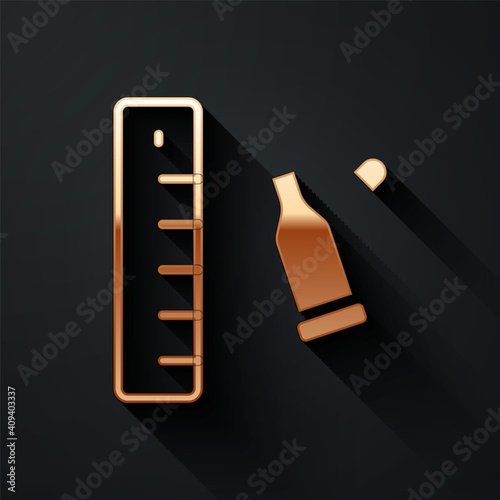 Gold Bullet casing as a piece of evidence placed with forensic ruler for documentation icon isolated on black background. Concept of crime scene. Long shadow style. Vector.