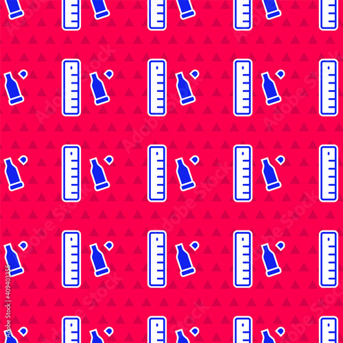 Blue Bullet casing as a piece of evidence placed with forensic ruler for documentation icon isolated seamless pattern on red background. Concept of crime scene. Vector.