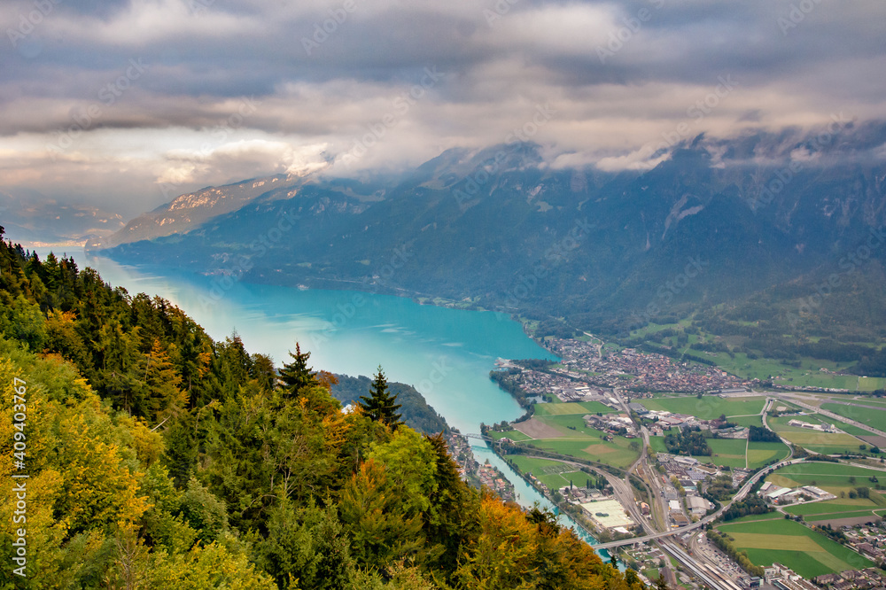 Fototapeta premium Aerial view of Interlaken town and and Lake Brienz from view point at Harder Kulm, Switzerland.