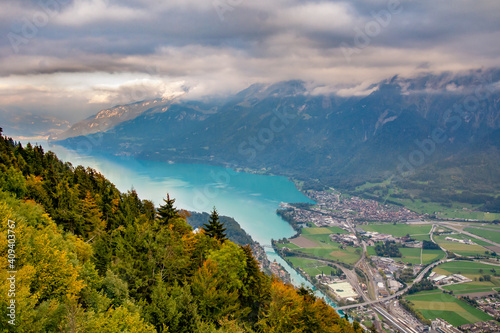 Aerial view of Interlaken town and and Lake Brienz from view point  at Harder Kulm, Switzerland. © borisbelenky