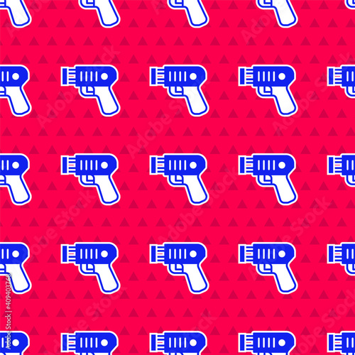 Blue Police electric shocker icon isolated seamless pattern on red background. Shocker for protection. Taser is an electric weapon. Vector.