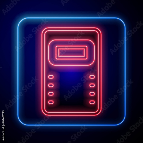 Glowing neon Police assault shield icon isolated on blue background. Vector.
