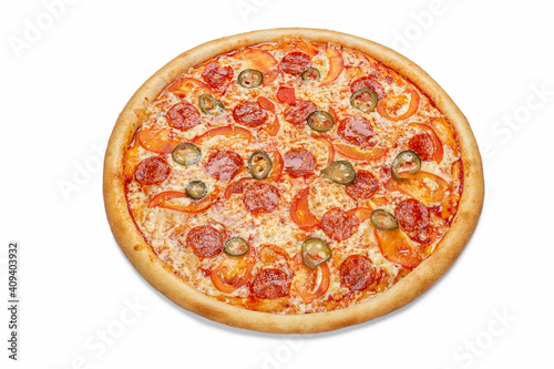 Photo of round Italian pizza for use in advertising a pizzeria, restaurant menu. Close-up, isolated on white.