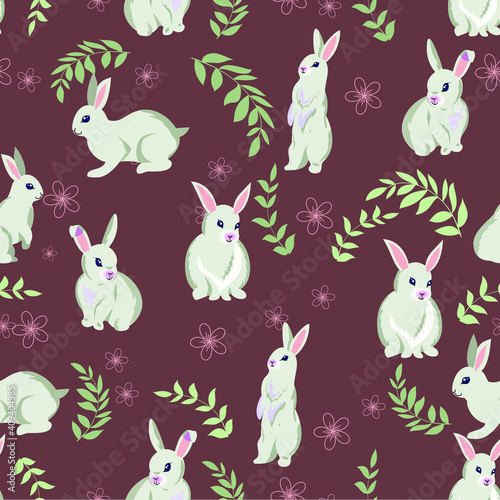 Seamless vector pattern with Easter bunnies, flowers, and leaves. Print design for wrapping gifts and packaging design 