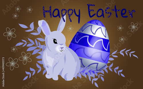 Poster and banner template with 3d realistic Easter egg, bunny and leaves. Promotion, shopping, greeting card, postcard and presents for Easter Day