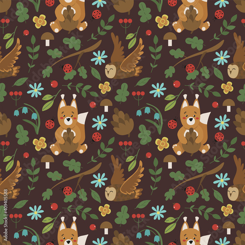 Seamless pattern with illustration of wild animals such as squirrel, owl and and forest plants and © Marina