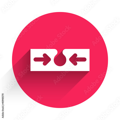 White Acne icon isolated with long shadow. Inflamed pimple on the skin. The sebum in the clogged pore promotes the growth of a bacteria. Red circle button. Vector.