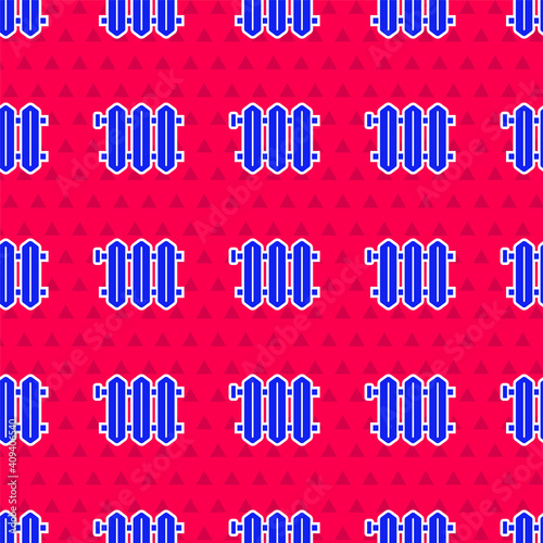 Blue Heating radiator icon isolated seamless pattern on red background. Vector.