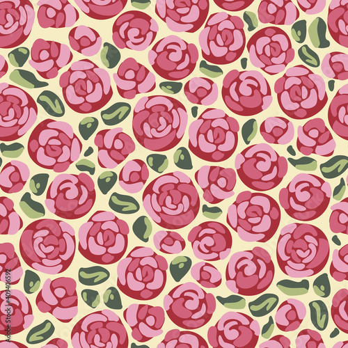 Vector seamless pattern of blooming rose flowers and leaves on a yellow background. Decorative floral design.