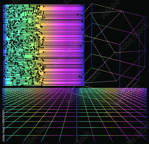 
Sci-fi HUD board, futuristic computer desktop with programs and visualization of 3D graphs and plots: Lorenz system of ordinary differential equations.