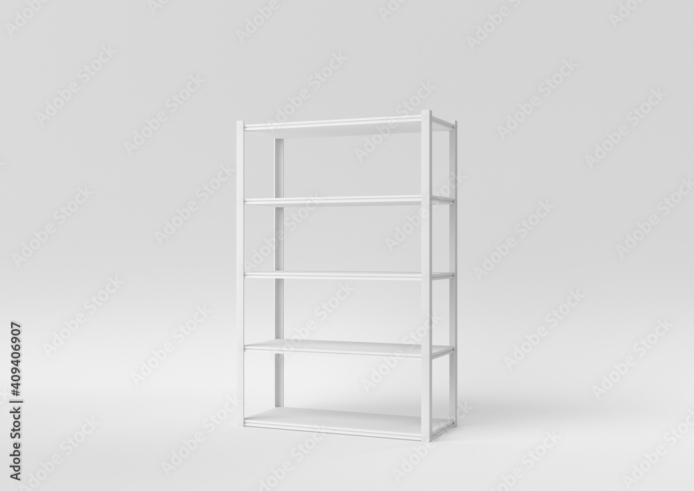 White metal rack storage. Retail shelf rack on white background. minimal concept idea. monochrome. 3d render. White metal rack storage. Retail shelf rack on white background. minimal concept idea. monochrome. 3d render.